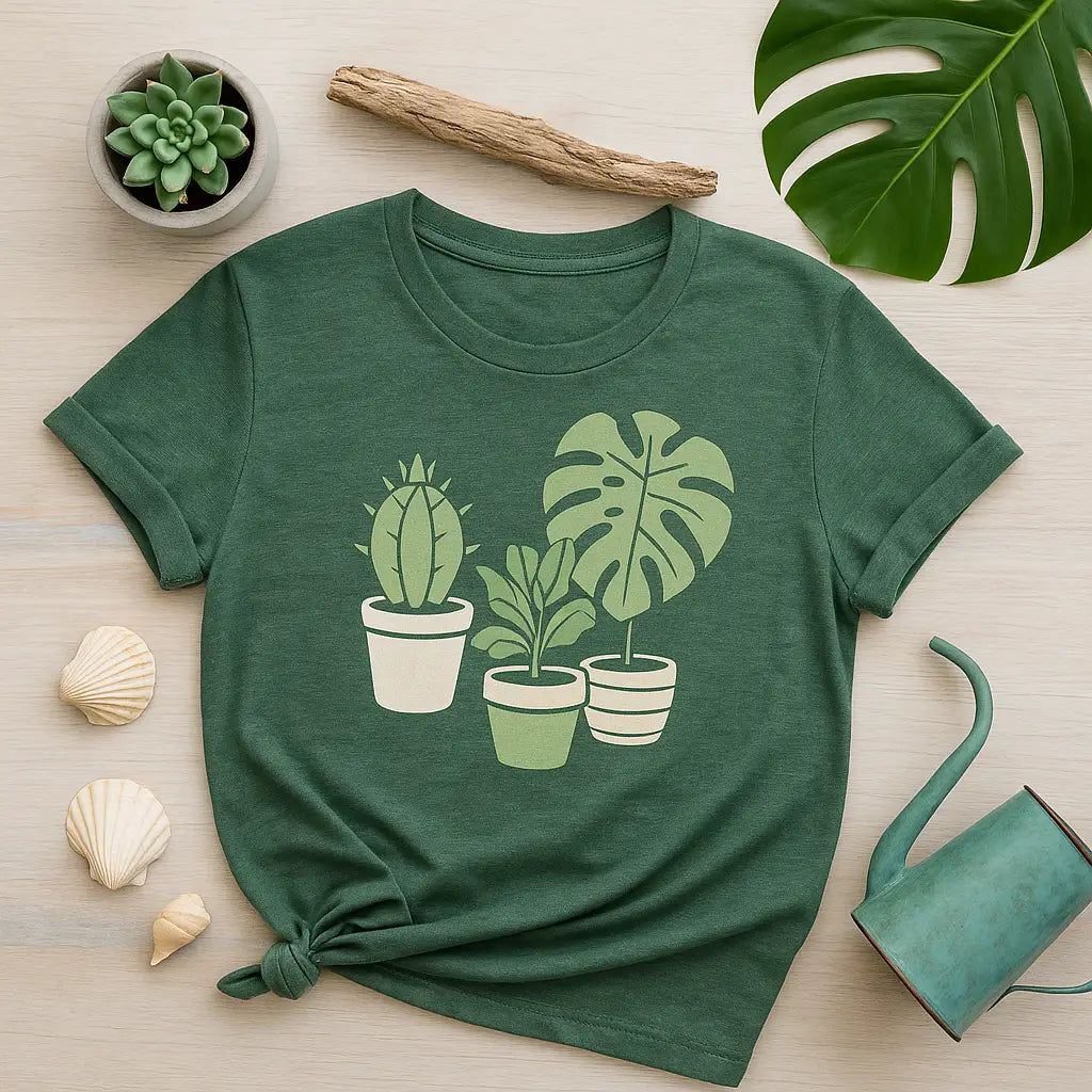 folded green tee surrounded by wood, leaves, shells, and watering can
