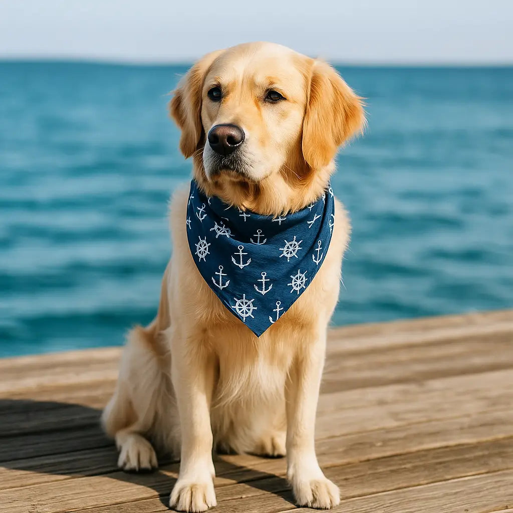 dog in coastal bandana on dock, ocean in background.