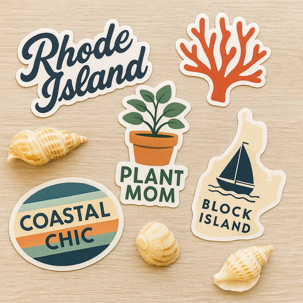 realistic flat lay with nautical and coastal sticker designs, styled for Ocean State Styles