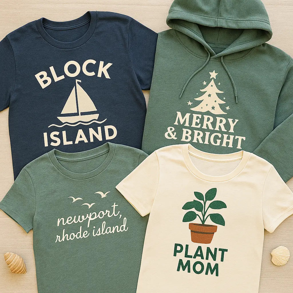 mix of short and long sleeve Tees. Navy, green, green, off white
