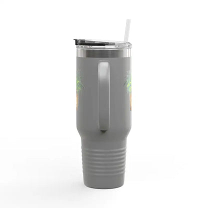 Gray insulated travel mug with handle and straw, featuring Plant Mama design