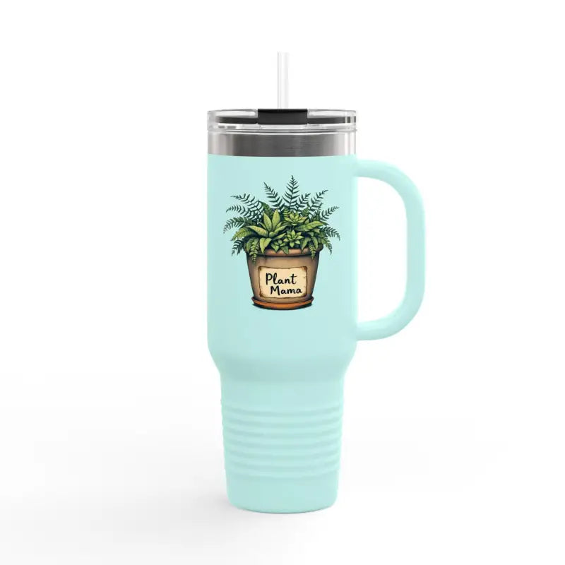 Light blue insulated travel tumbler with handle featuring Plant Mama design