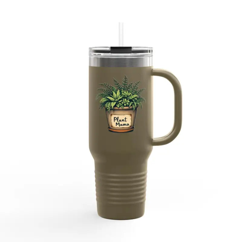 Olive green insulated travel mug with handle for Plant Mama design, 40oz capacity
