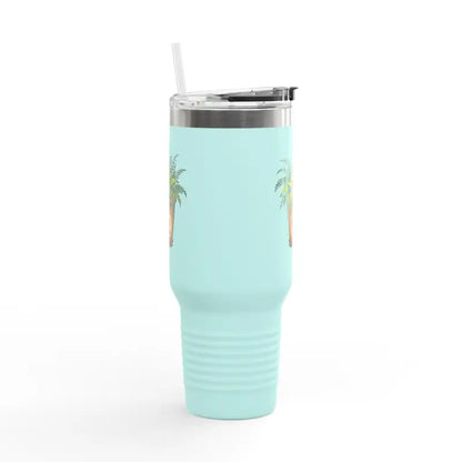 Light blue 40oz insulated travel tumbler with straw featuring Plant Mama design