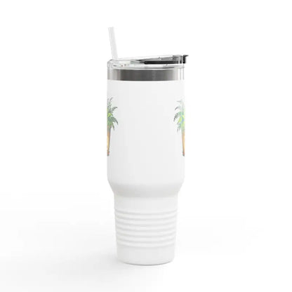 White insulated 40oz travel tumbler with straw featuring Plant Mama design