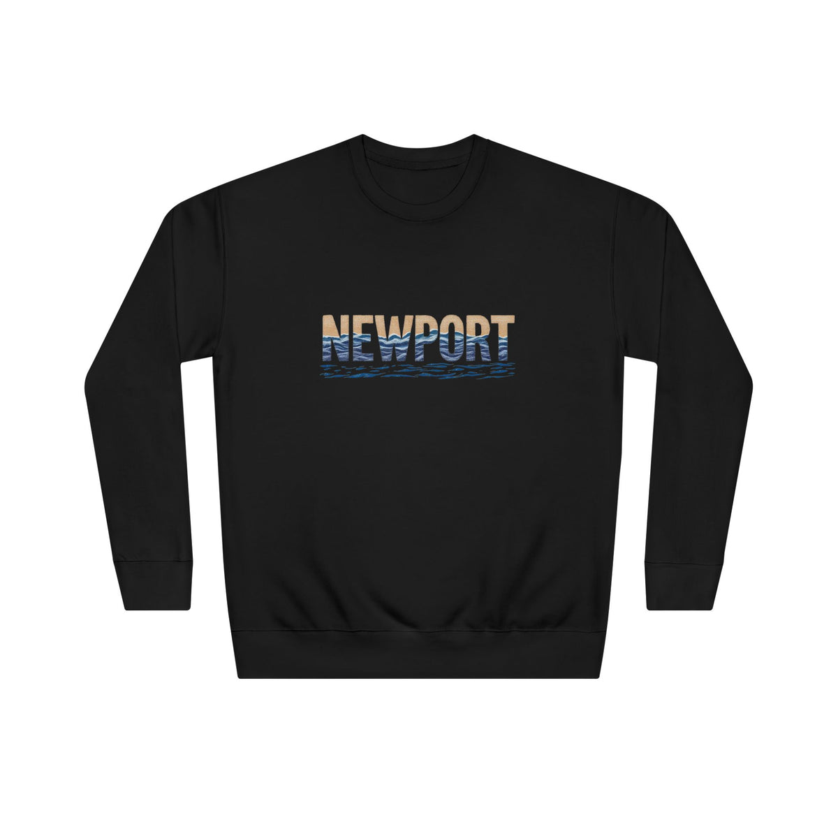 Black Newport Coastal crewneck sweatshirt with multicolor NEWPORT graphic, front view