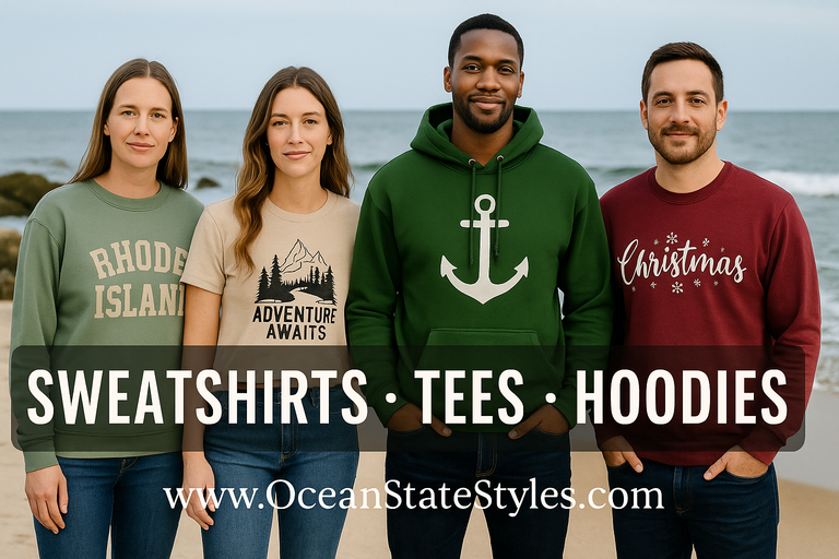 Four people wearing sweatshirts, tees, and hoodies with text and graphics on a beach background.