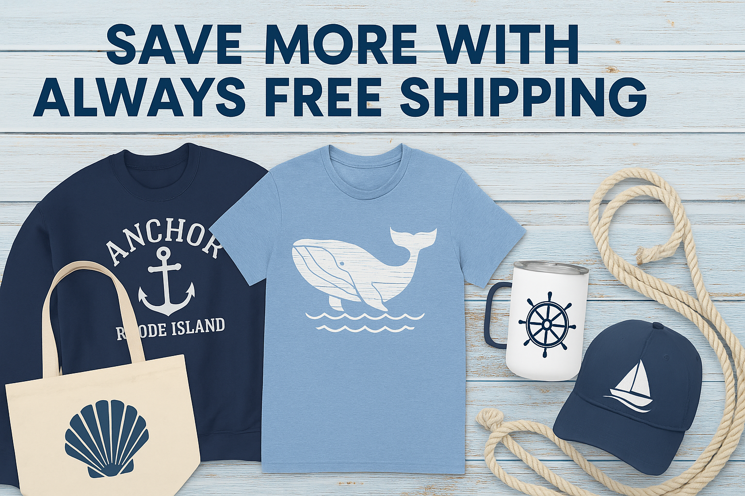 Nautical-themed clothing and accessories with promotional text on a wooden background