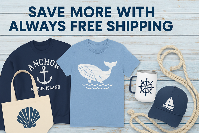 Nautical-themed clothing and accessories with promotional text on a wooden background