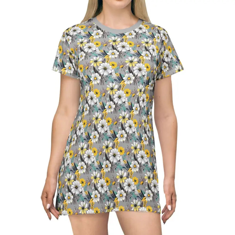 Floral-patterned T-shirt dress showcasing vibrant all-over print for summer wear