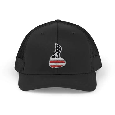 Black trucker hat featuring American flag island embroidery in stylish design