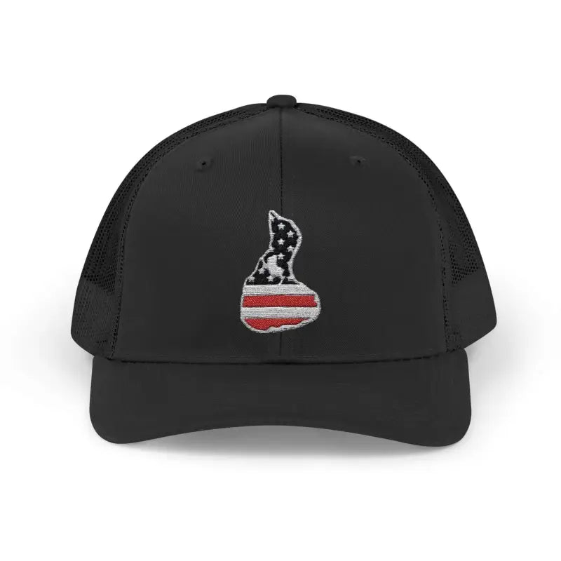 Black trucker hat featuring American flag island embroidery in stylish design