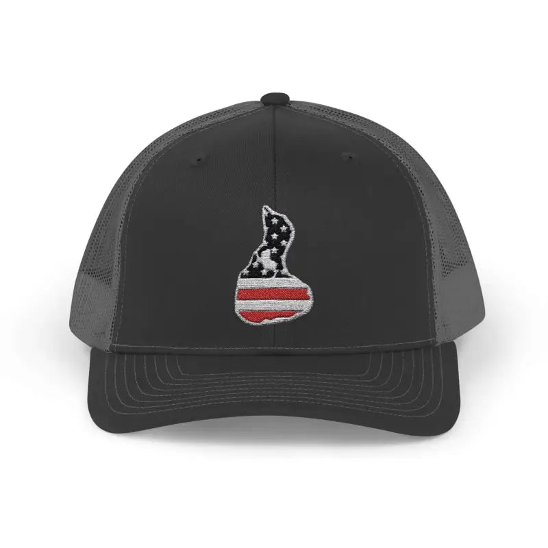 Gray trucker hat featuring an American flag-shaped embroidered patch design
