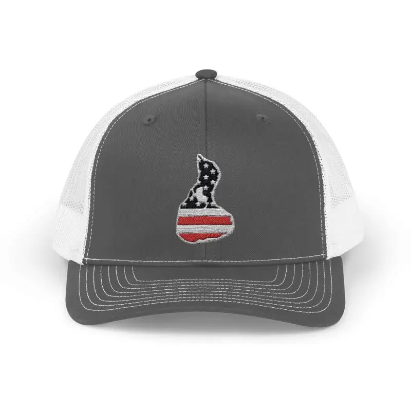 Gray and white trucker hat featuring an American flag-themed embroidered patch