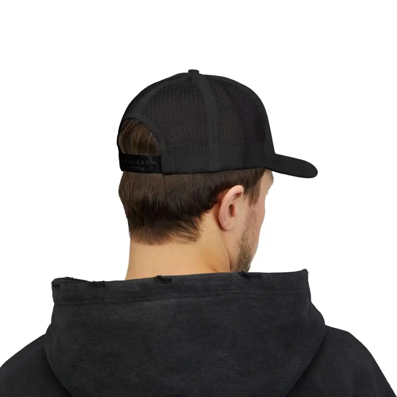 Black baseball cap with American flag embroidery on an American Flag Embroidered Trucker Cap