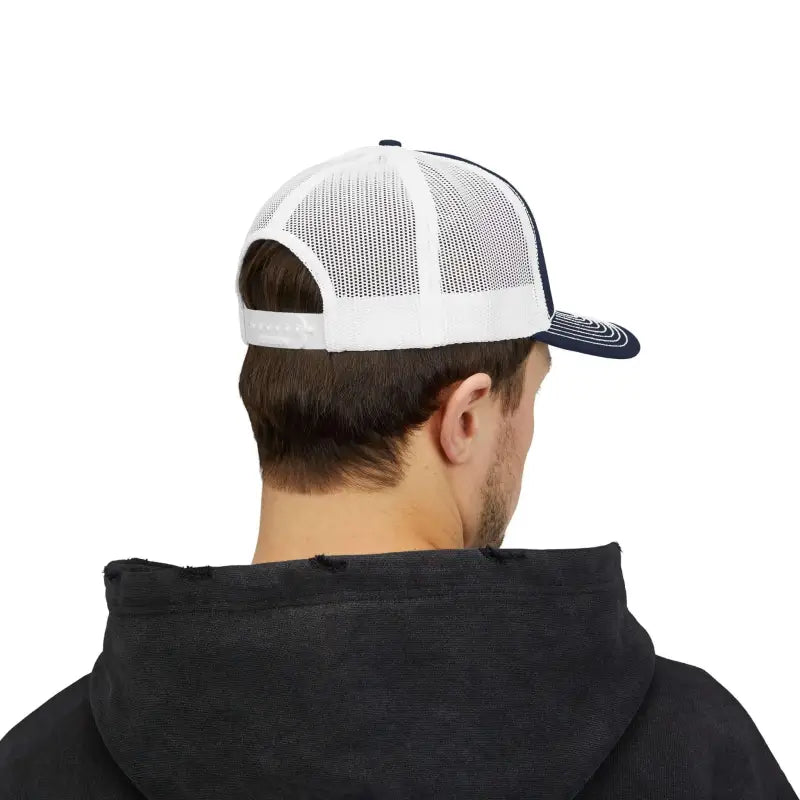 Navy and white trucker hat featuring American Flag embroidery on the front panel