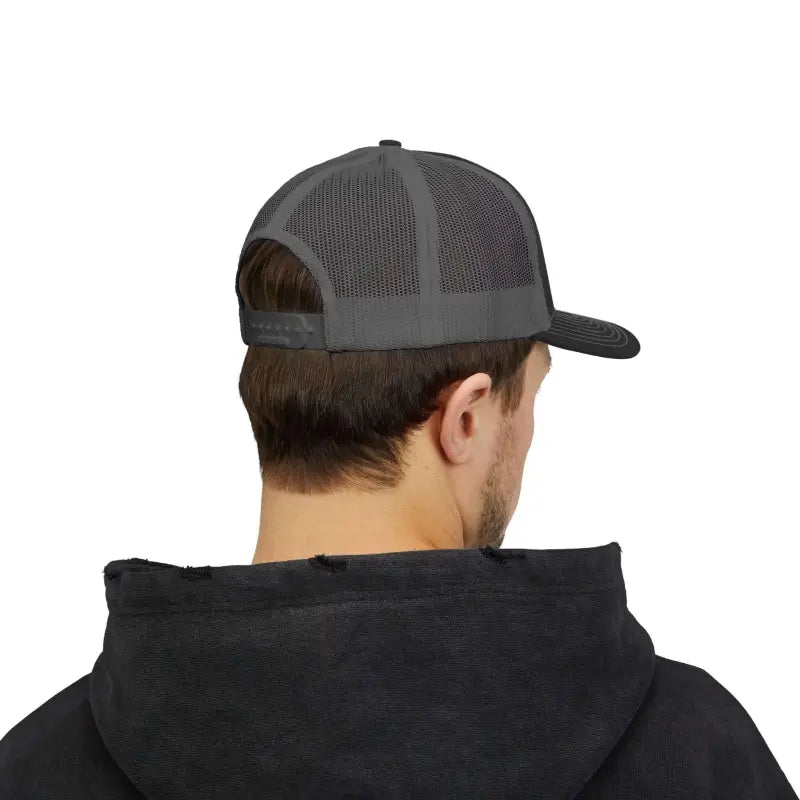 Gray mesh trucker hat featuring American flag embroidery for stylish outdoor wear
