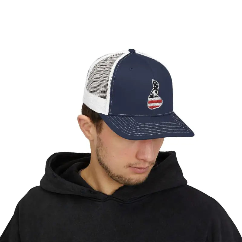 Navy and white trucker hat featuring American Flag embroidery for classic style