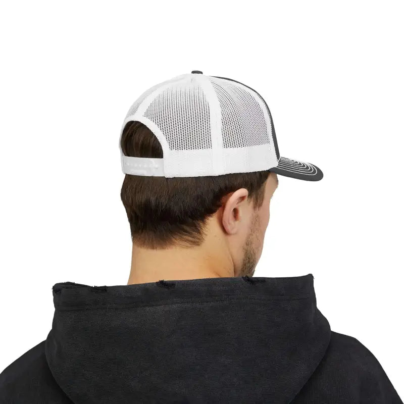 Black and white mesh trucker hat featuring American Flag embroidery for stylish wear