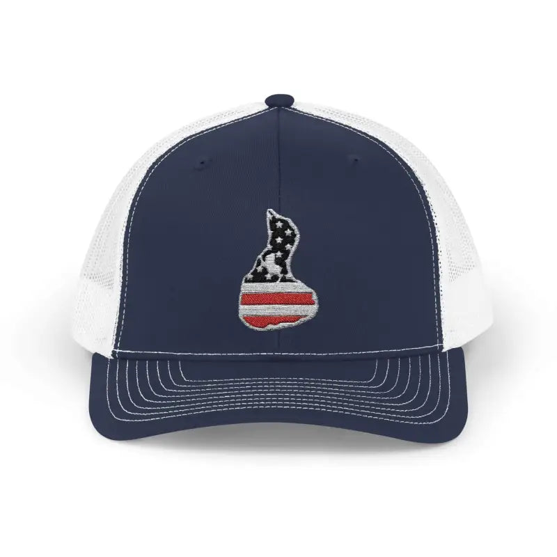 Navy and white trucker hat featuring American flag design for patriotic style