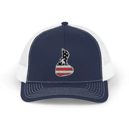 Navy and white trucker hat featuring American flag design for patriotic style