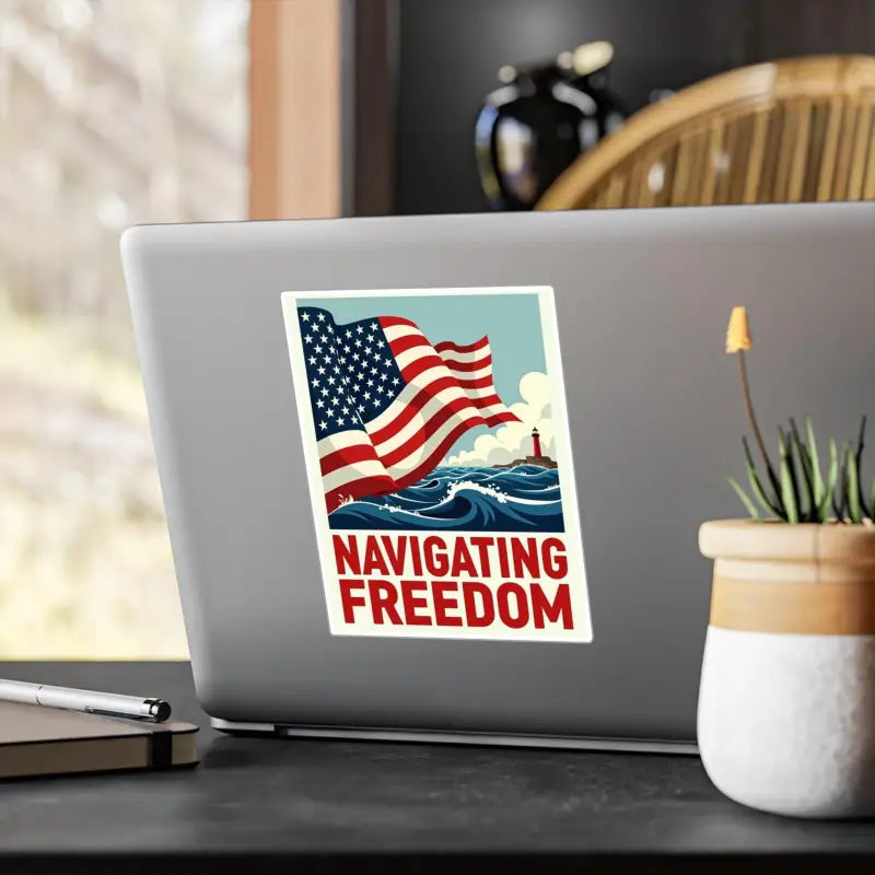 Laptop sticker featuring American flag design with a lighthouse for nautical enthusiasts