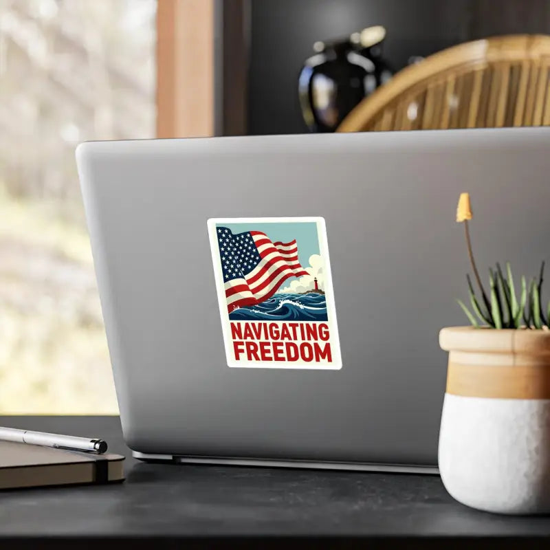 Laptop sticker featuring an American flag and lighthouse in a nautical design