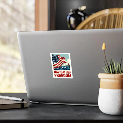 Laptop displaying Navigating Freedom sticker on American Flag Nautical Vinyl Decal