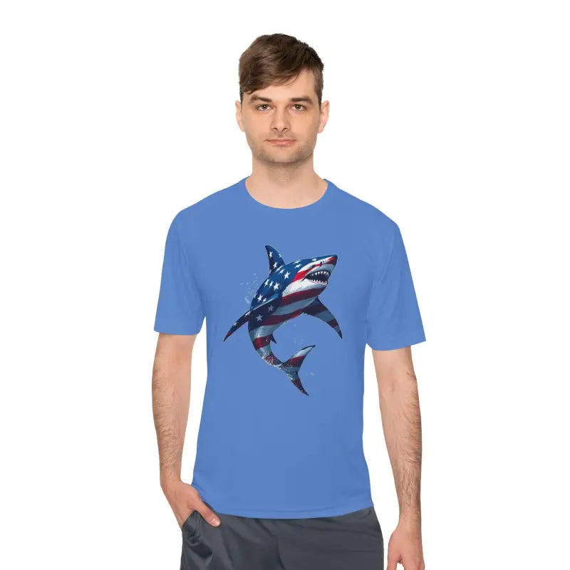 American Flag Shark Graphic Unisex Moisture Wicking T-Shirt - Ocean State Styles