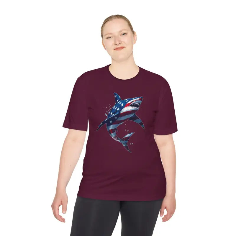 American Flag Shark Graphic Unisex Moisture Wicking T-Shirt - Ocean State Styles