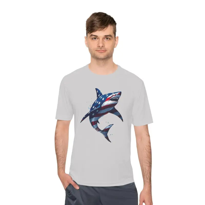 American Flag Shark Graphic Unisex Moisture Wicking T-Shirt - Ocean State Styles