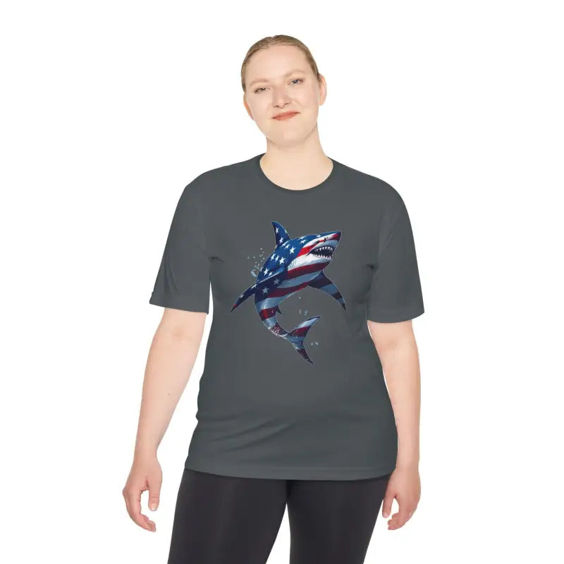 American Flag Shark Graphic Unisex Moisture Wicking T-Shirt - Ocean State Styles