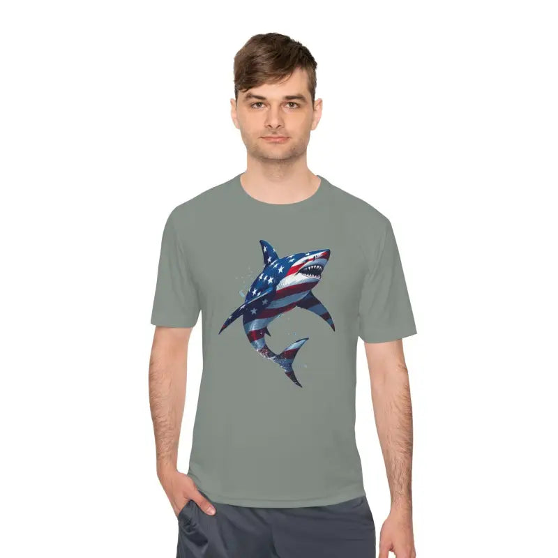 American Flag Shark Graphic Unisex Moisture Wicking T-Shirt - Ocean State Styles