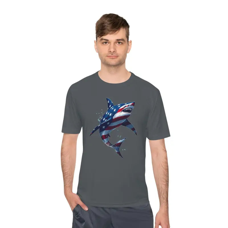 American Flag Shark Graphic Unisex Moisture Wicking T-Shirt - Ocean State Styles