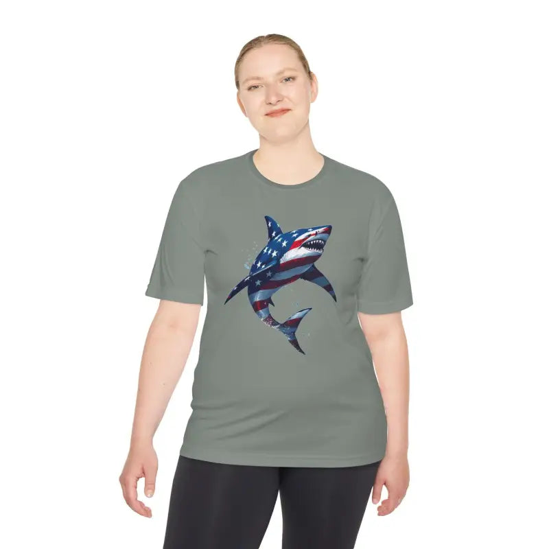 American Flag Shark Graphic Unisex Moisture Wicking T-Shirt - Ocean State Styles