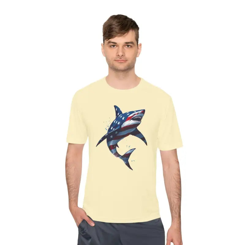 American Flag Shark Graphic Unisex Moisture Wicking T-Shirt - Ocean State Styles