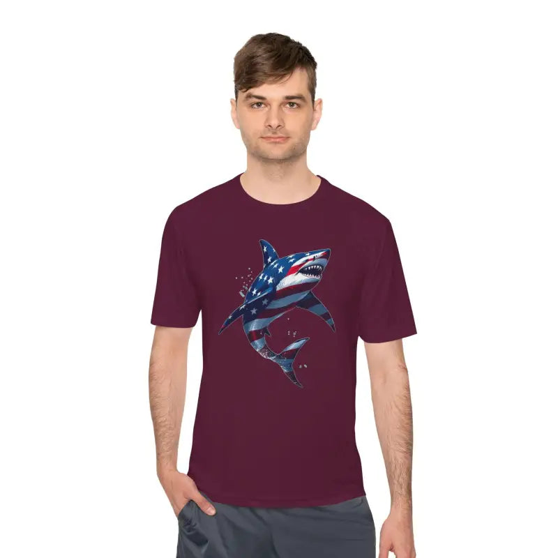 American Flag Shark Graphic Unisex Moisture Wicking T-Shirt - Ocean State Styles