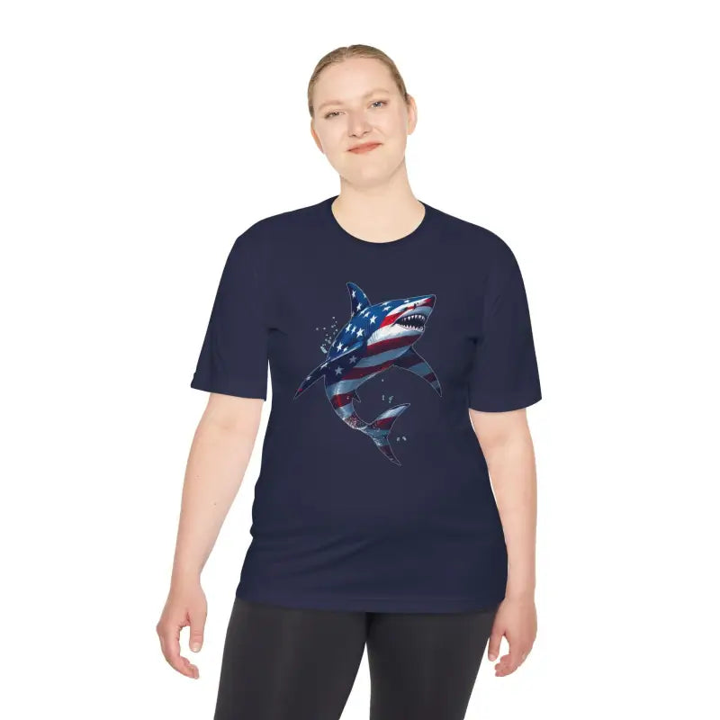 American Flag Shark Graphic Unisex Moisture Wicking T-Shirt - Ocean State Styles