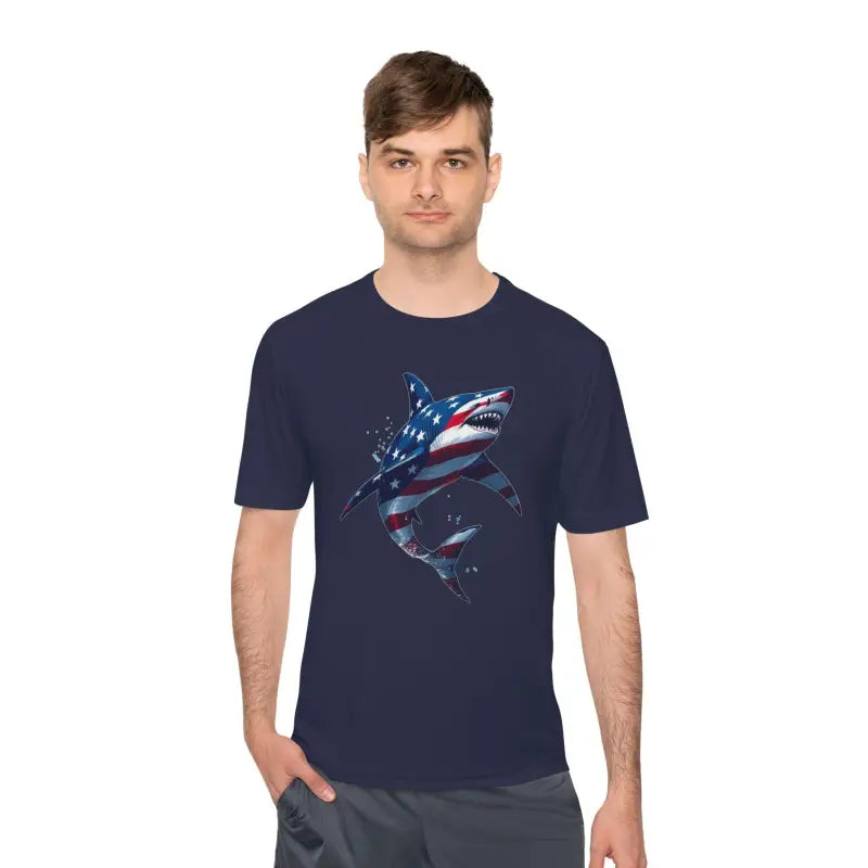American Flag Shark Graphic Unisex Moisture Wicking T-Shirt - Ocean State Styles