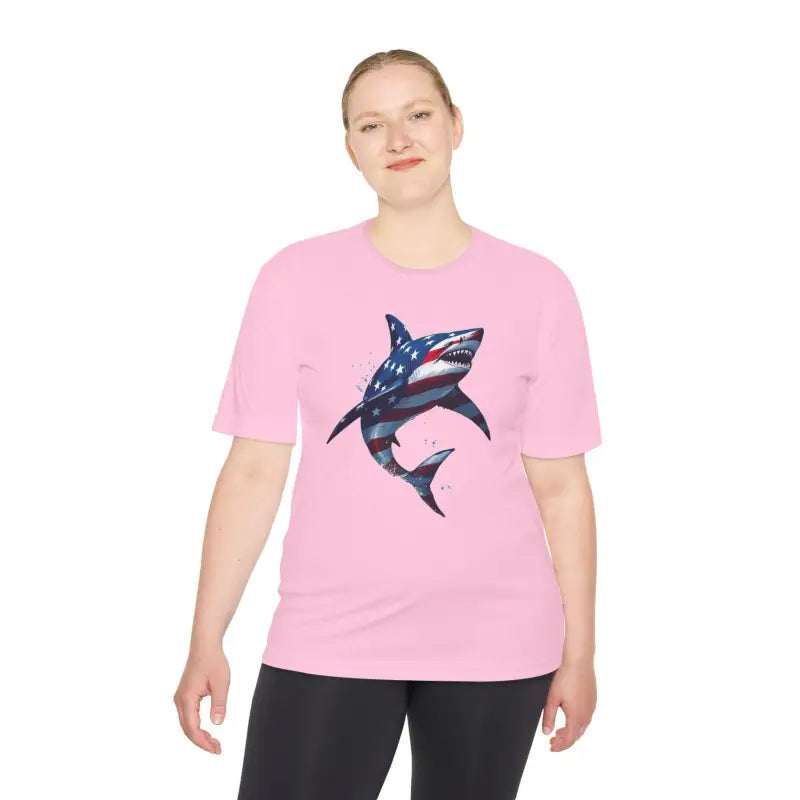 American Flag Shark Graphic Unisex Moisture Wicking T-Shirt - Ocean State Styles