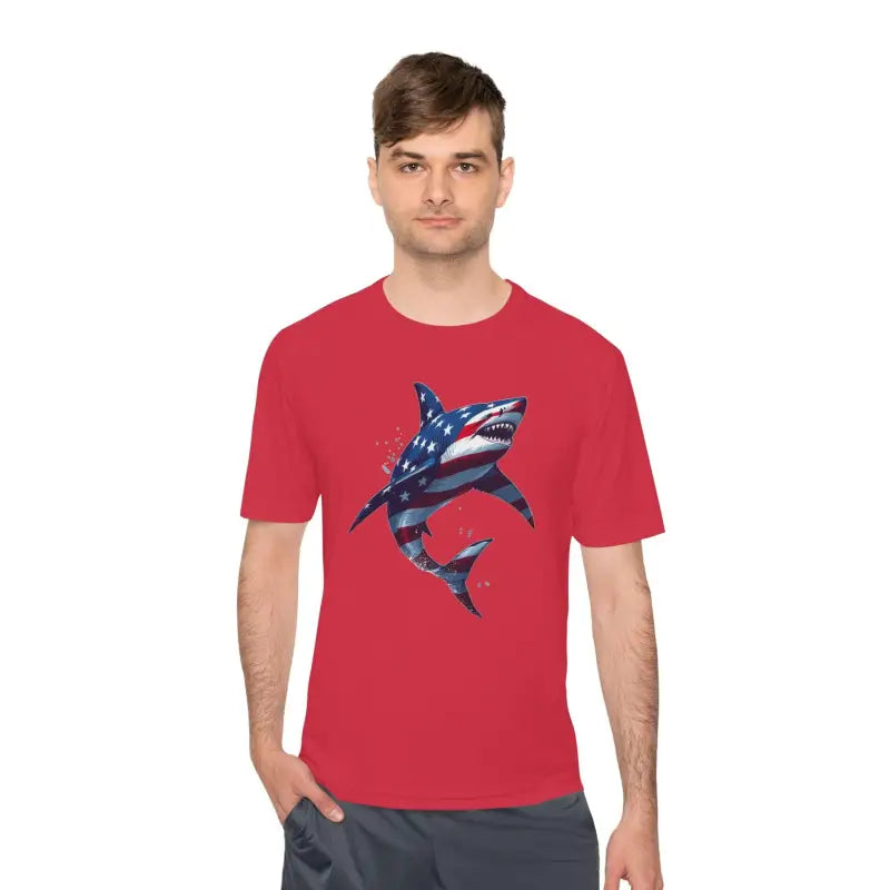 American Flag Shark Graphic Unisex Moisture Wicking T-Shirt - Ocean State Styles