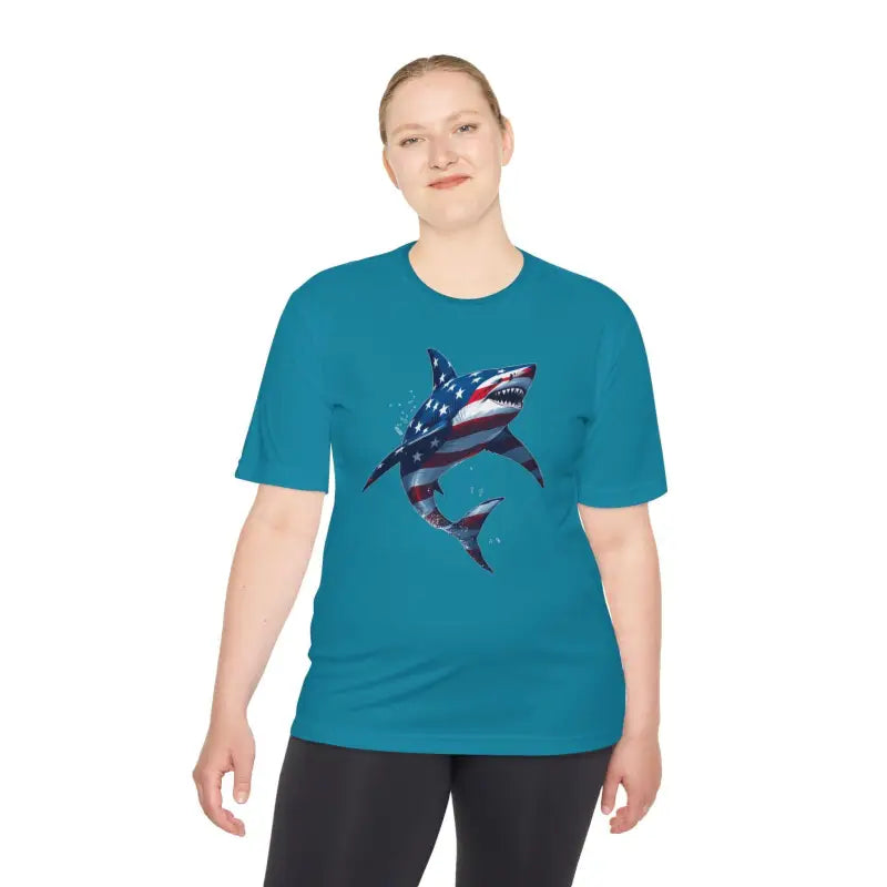 American Flag Shark Graphic Unisex Moisture Wicking T-Shirt - Ocean State Styles