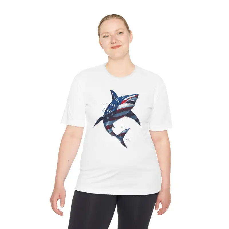 American Flag Shark Graphic Unisex Moisture Wicking T-Shirt - Ocean State Styles