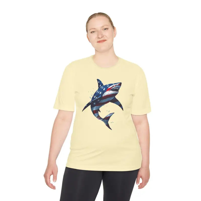 American Flag Shark Graphic Unisex Moisture Wicking T-Shirt - Ocean State Styles