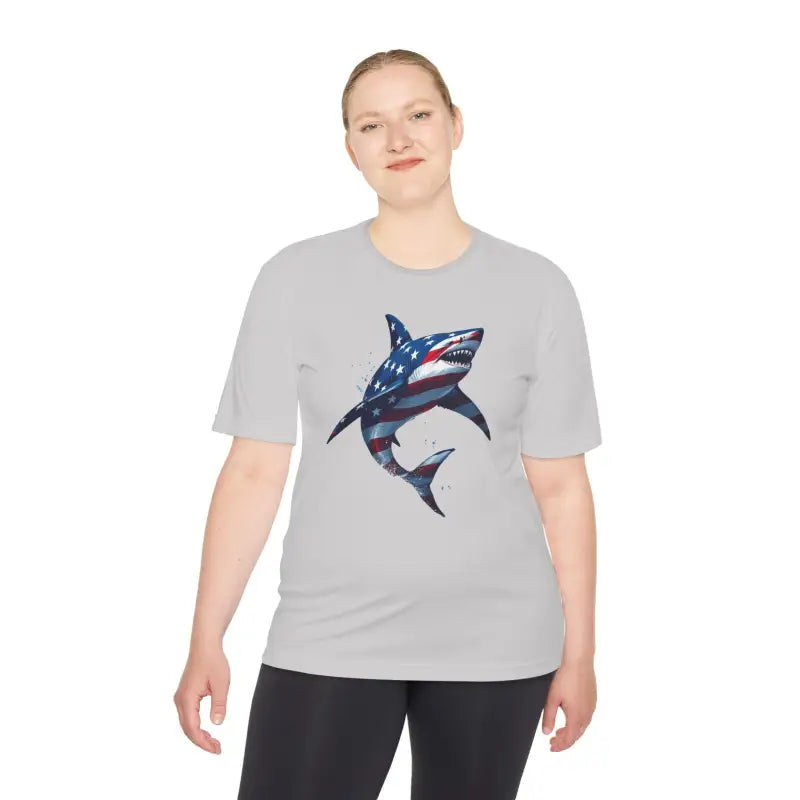 American Flag Shark Graphic Unisex Moisture Wicking T-Shirt - Ocean State Styles