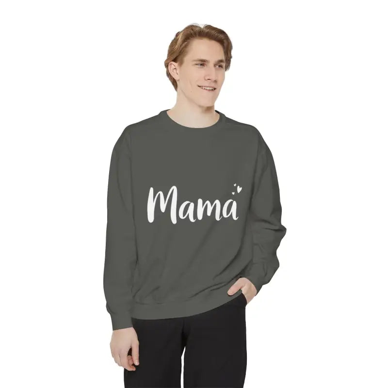 Gray sweatshirt featuring Mama text from the Assorted Mama Sweatshirts in Teal Green and Pink collection