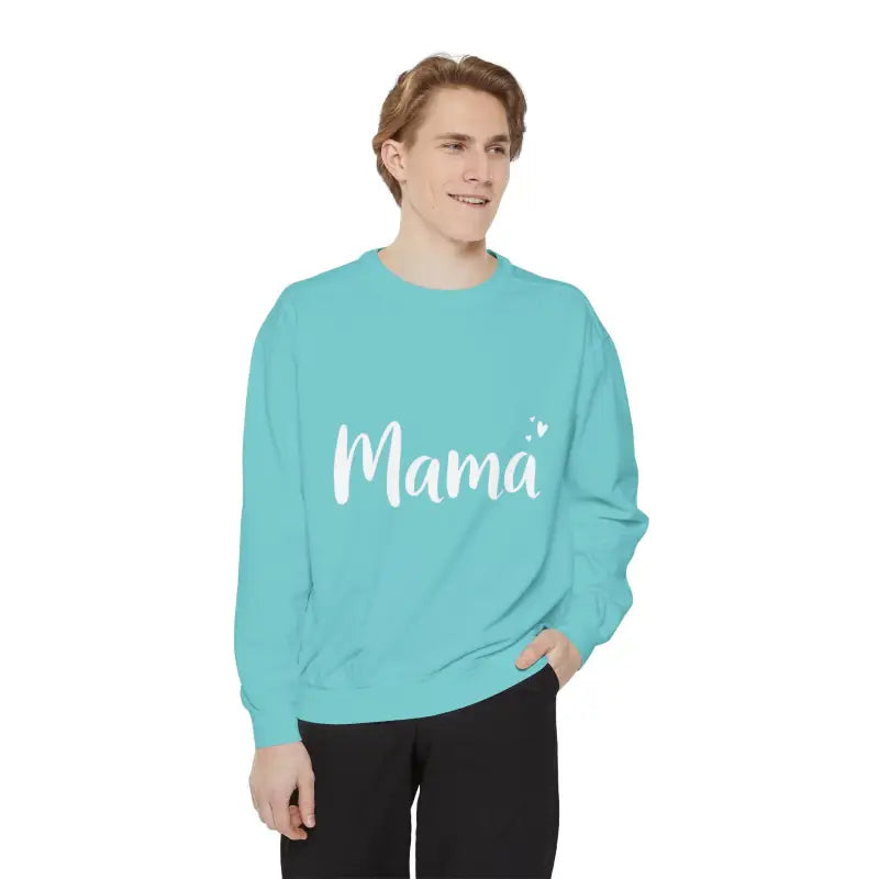 Turquoise Mama sweatshirt displayed among assorted teal green and pink sweatshirts
