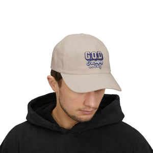 Light-colored Baseball Cap G.O.D Grampy on Duty with purple and white lettering