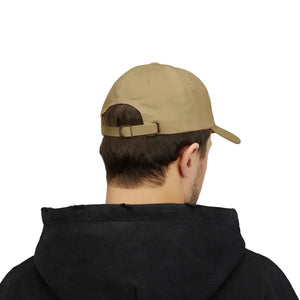 Tan Baseball Cap G.O.D Grampy on Duty with Adjustable Strap worn by person in black hoodie