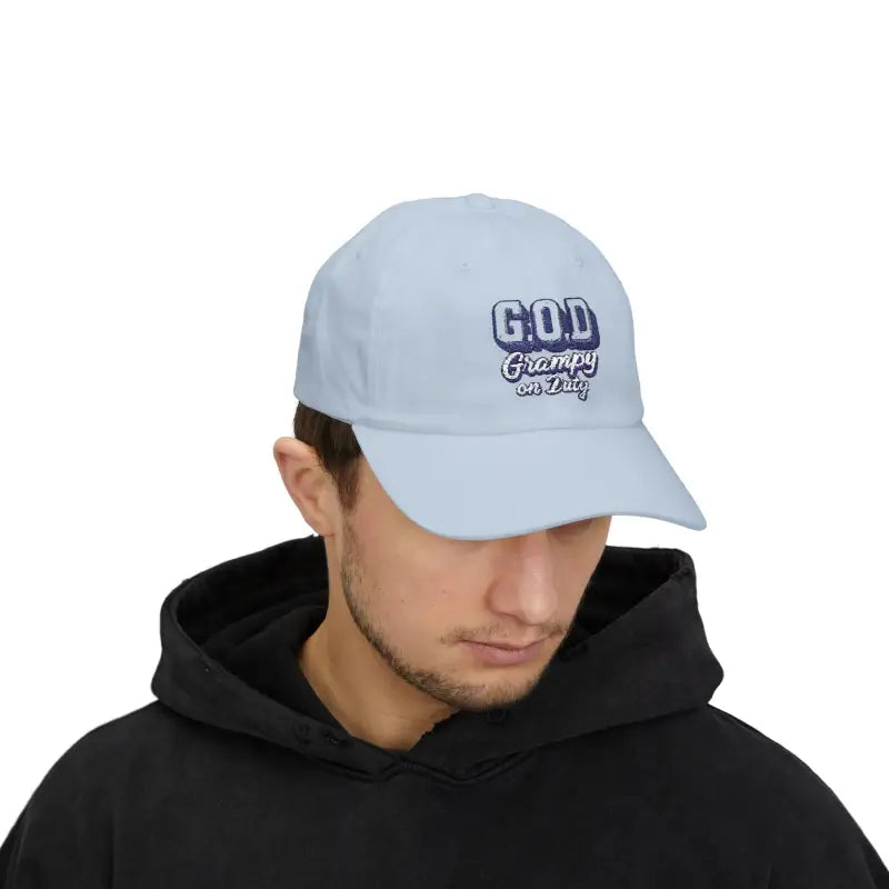 Light blue baseball cap with GOD Grampy on Duty text from Baseball Cap G.O.D Grampy on Duty in Light Blue Tan Beige